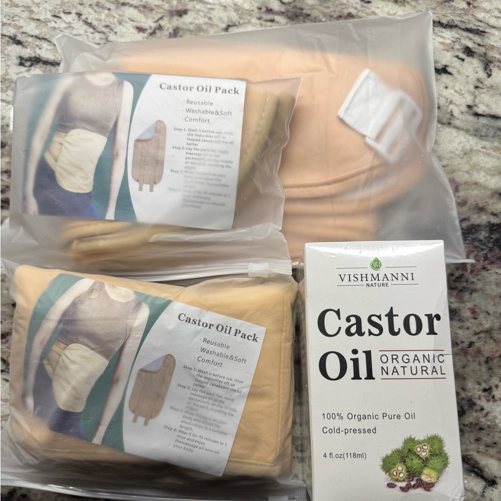 Castor oil packs for stomach, knees and breast with 4 oz of castor oil